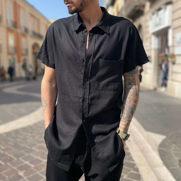 Camicia di lino mezze maniche Nera - Flag Store